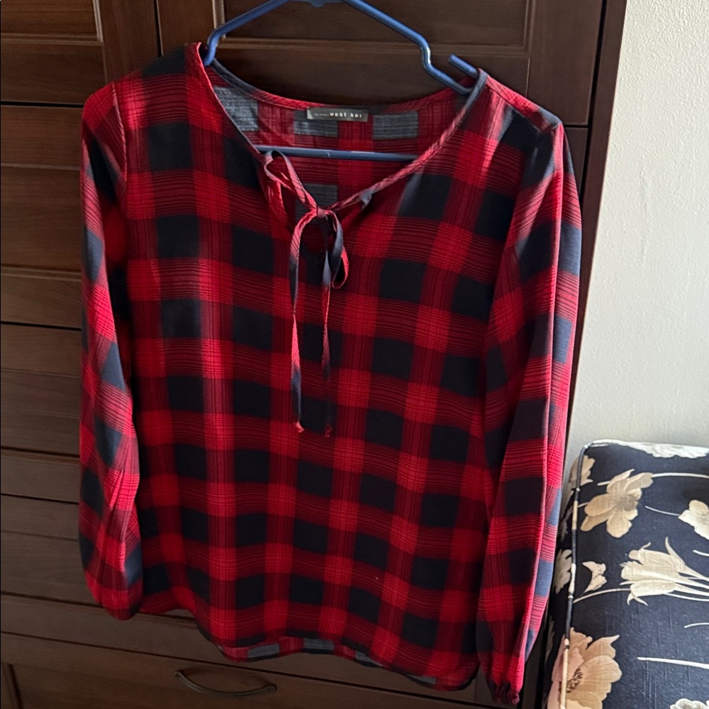 Red and Dark Blue Buffalo check  Long Sleeve Blouse